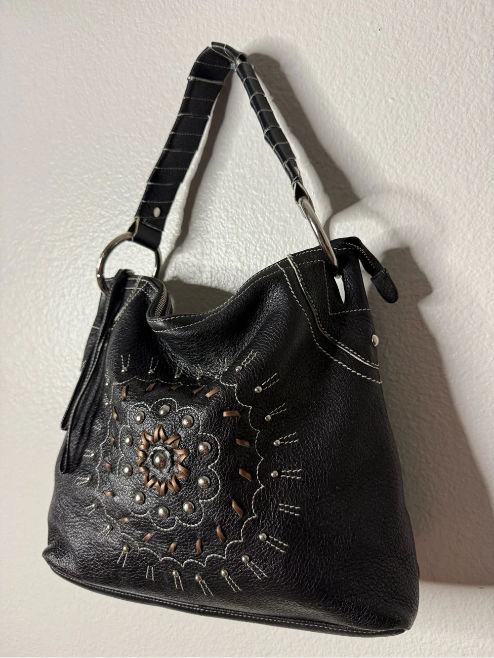 Franco Sarto Black Leather Studded Floral Hobo Shoulder Bag
